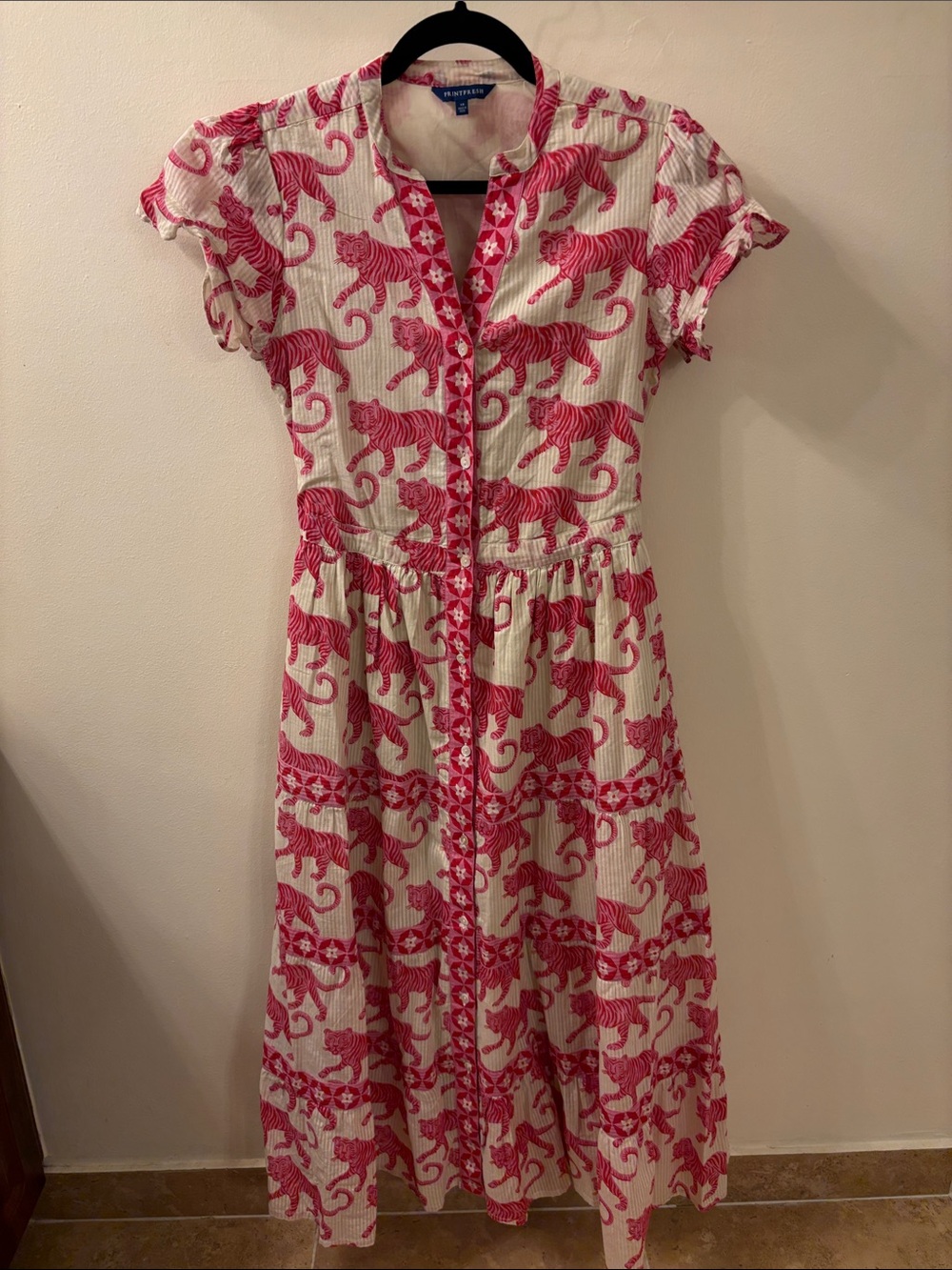 Printfresh Cream Midi Dress with Pink Tiger Print